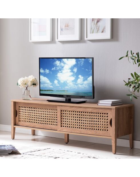 Meuble tv avec 2 portes coulissantes décor rotin - l138 cm