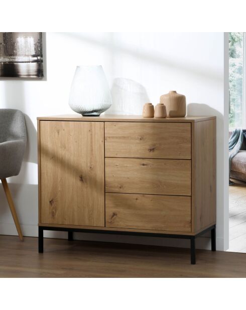 Commode 1 porte 3 tiroirs décor chêne l90 x h80 cm - lenny