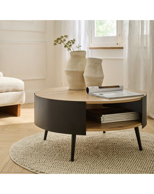 Table basse ronde 2 niveaux flancs métal chêne/noir dia 80cm - eklo