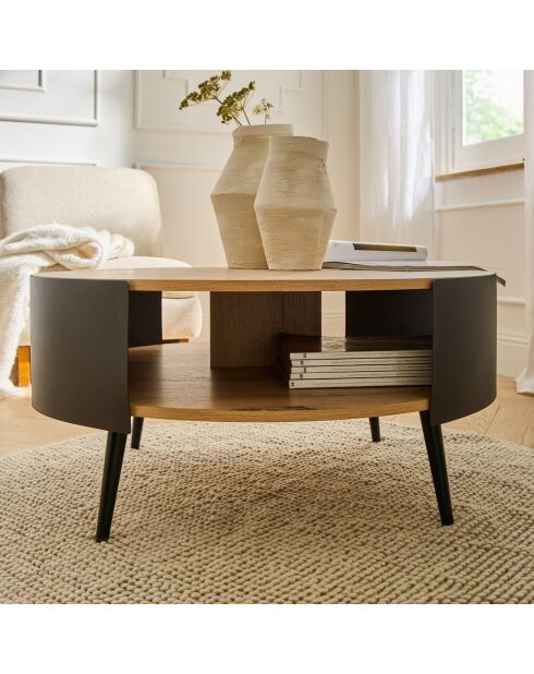 Table basse ronde 2 niveaux flancs métal chêne/noir dia 80cm - eklo