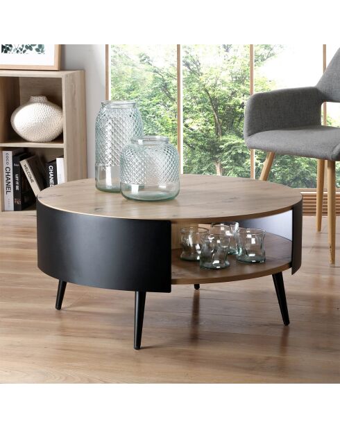 Table basse ronde 2 niveaux flancs métal chêne/noir dia 80cm - eklo