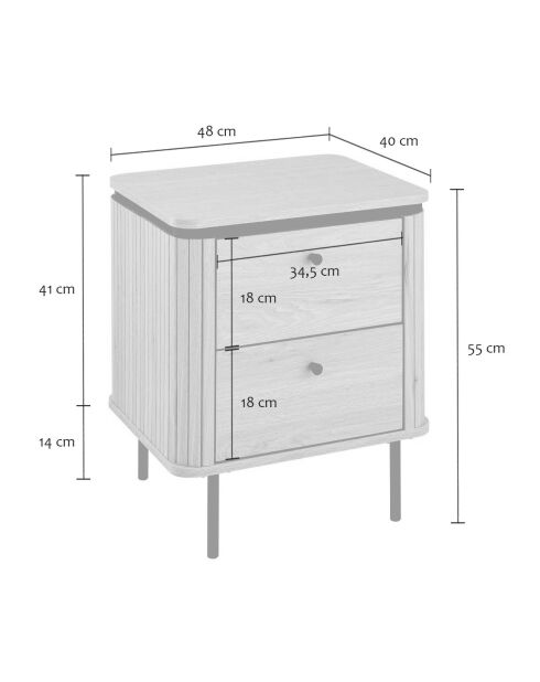 Table de chevet 2 tiroirs avec côtés effet rainuré h55 cm - malaga