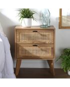 Chevet 2 tiroirs décor bois avec façades en rotin l45 cm - alia
