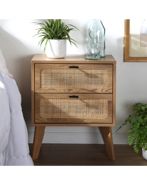 Chevet 2 tiroirs décor bois avec façades en rotin l45 cm - alia