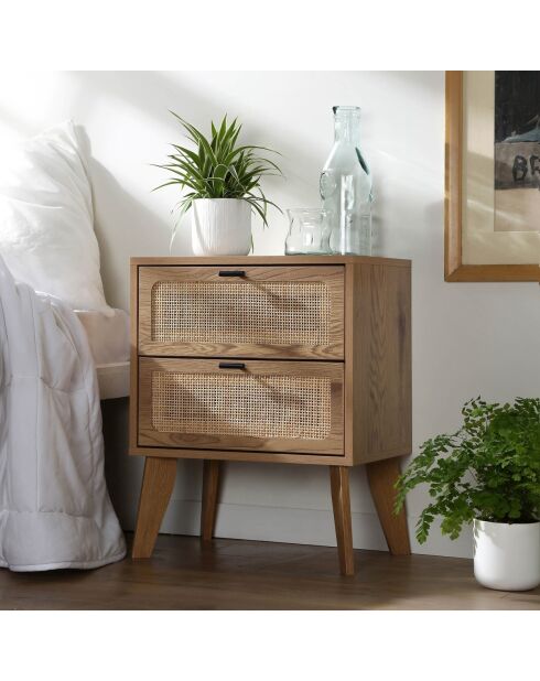 Chevet 2 tiroirs décor bois avec façades en rotin l45 cm - alia