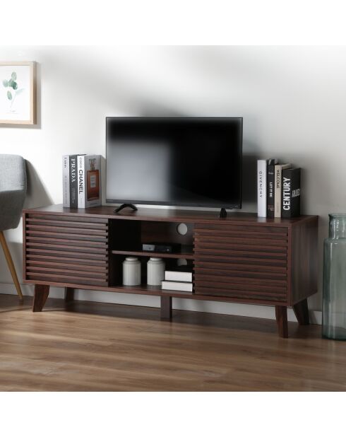 Meuble tv portes coulissantes façades effet bois rainuré l135 cm - fribourg