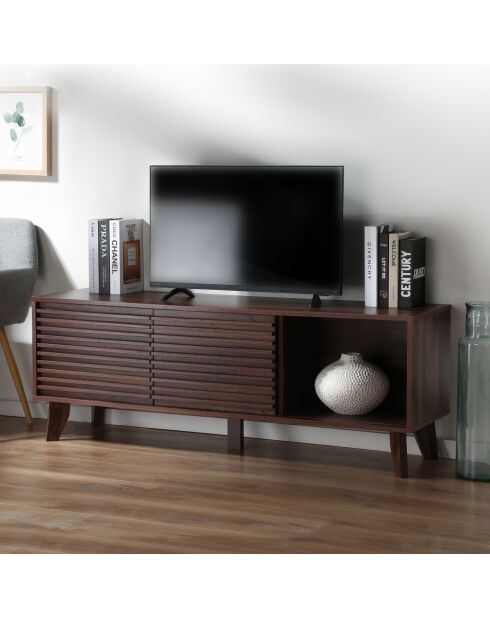 Meuble tv portes coulissantes façades effet bois rainuré l135 cm - fribourg