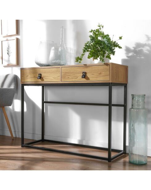 Console 2 tiroirs pieds métal effet chêne - jill