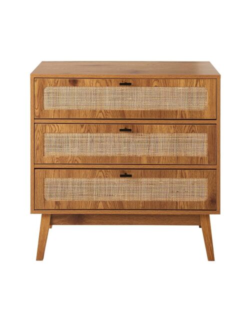 Commode 3 tiroirs avec façades en rotin et pieds en bois l80 cm - alia
