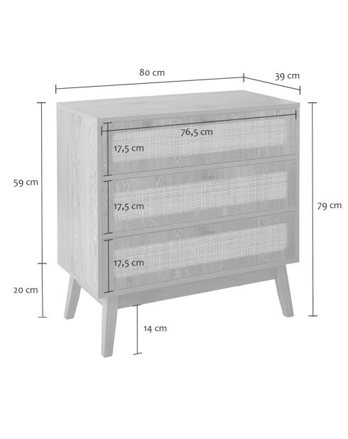 Commode 3 tiroirs avec façades en rotin et pieds en bois l80 cm - alia
