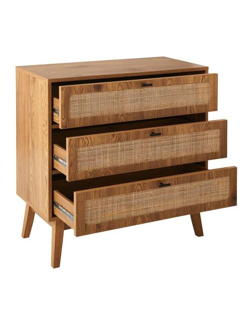 Commode 3 tiroirs avec façades en rotin et pieds en bois l80 cm - alia