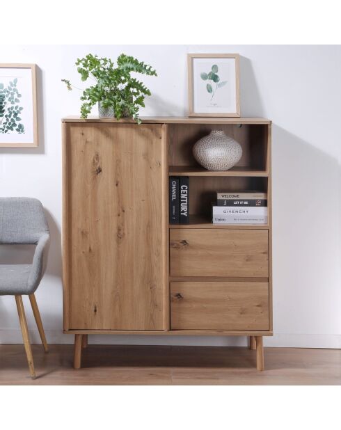 Buffet haut 1 porte coulissante et 2 tiroirs décor chêne - lenny