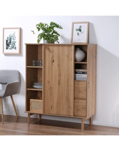 Buffet haut 1 porte coulissante et 2 tiroirs décor chêne - lenny