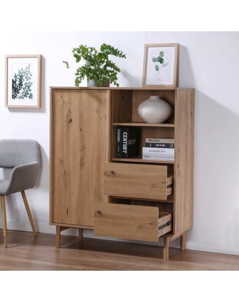 Buffet haut 1 porte coulissante et 2 tiroirs décor chêne - lenny