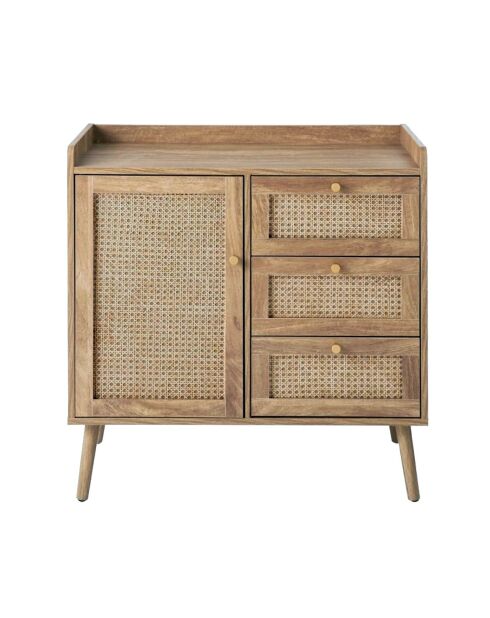 Commode 1 porte 3 tiroirs avec façades en rotin et pieds en bois l80 cm - palmo