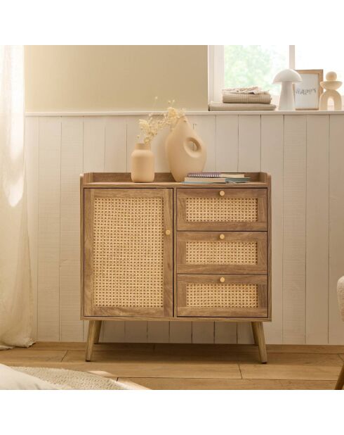 Commode 1 porte 3 tiroirs avec façades en rotin et pieds en bois l80 cm - palmo