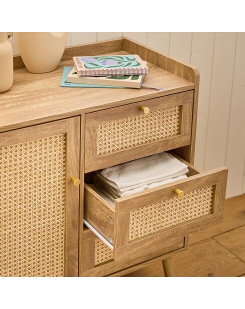 Commode 1 porte 3 tiroirs avec façades en rotin et pieds en bois l80 cm - palmo