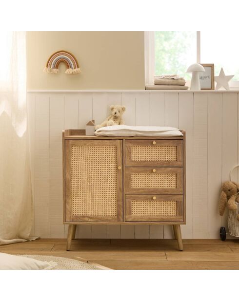 Commode 1 porte 3 tiroirs avec façades en rotin et pieds en bois l80 cm - palmo