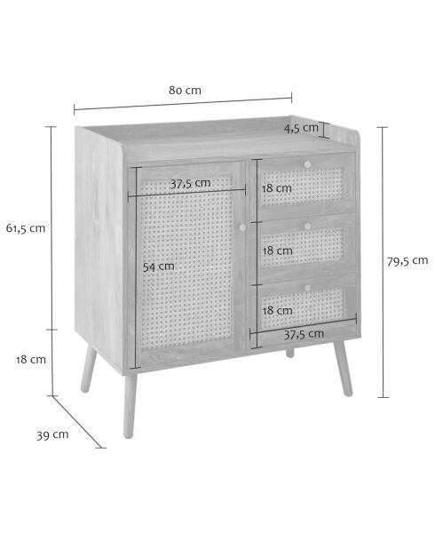 Commode 1 porte 3 tiroirs avec façades en rotin et pieds en bois l80 cm - palmo
