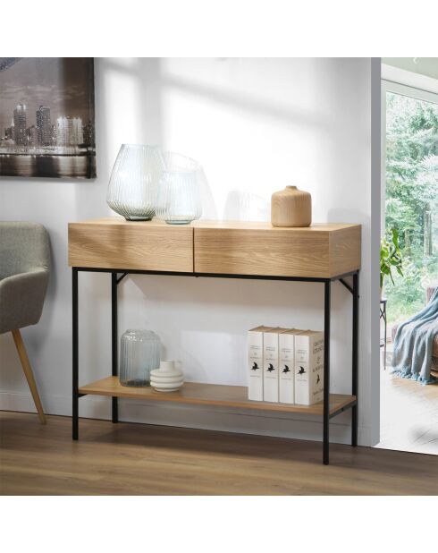 Console 2 tiroirs 1 tablette décor bois - l100cm