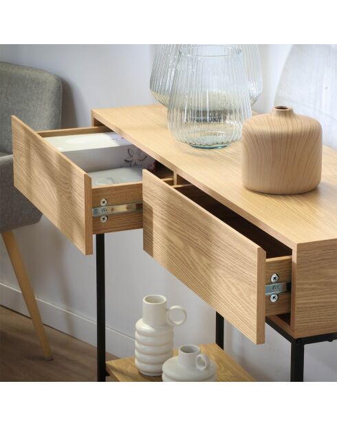 Console 2 tiroirs 1 tablette décor bois - l100cm