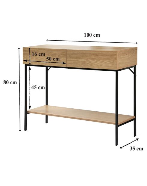 Console 2 tiroirs 1 tablette décor bois - l100cm