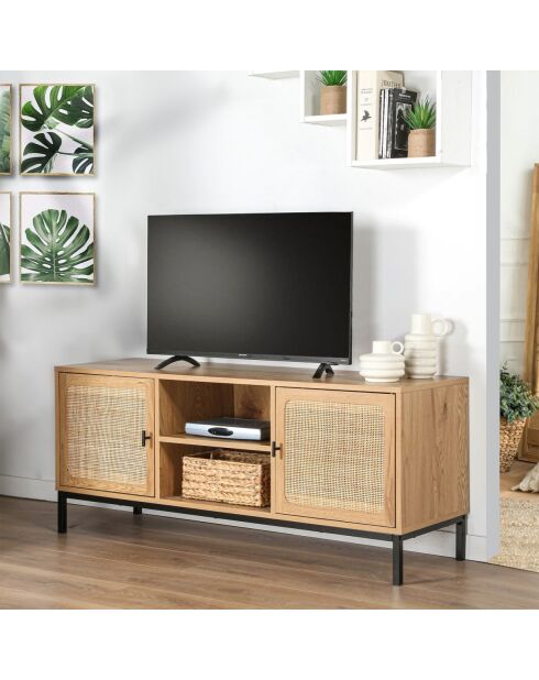 Meuble tv 2 portes avec cannage rotin et 2 niches l120cm - jaya