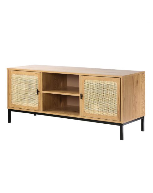 Meuble tv 2 portes avec cannage rotin et 2 niches l120cm - jaya