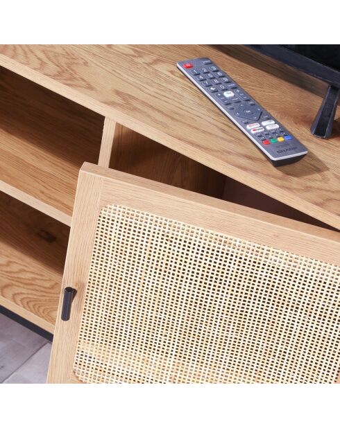 Meuble tv 2 portes avec cannage rotin et 2 niches l120cm - jaya