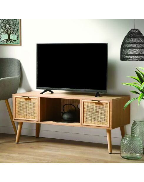Meuble tv 2 tiroirs façades rotin l100 cm - miya