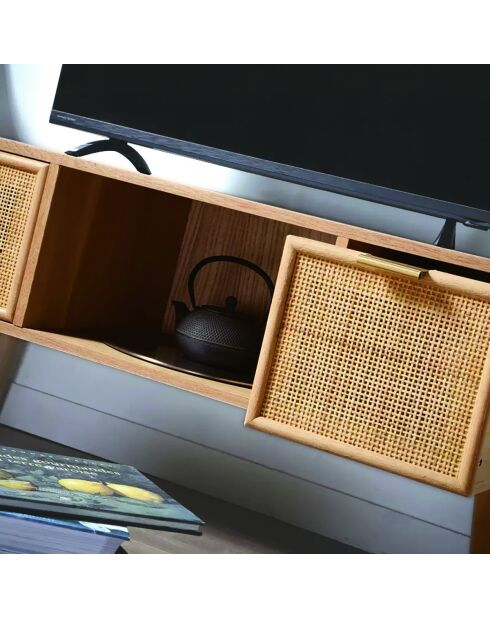 Meuble tv 2 tiroirs façades rotin l100 cm - miya