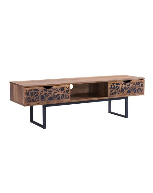 Meuble tv 2 tiroirs et une niche décor bois et motifs noirs l140 cm - anaëlle