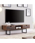 Meuble tv 2 tiroirs et une niche décor bois et motifs noirs l140 cm - anaëlle