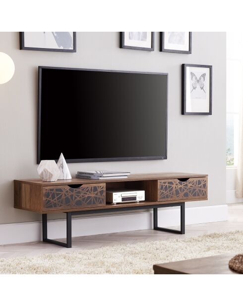 Meuble tv 2 tiroirs et une niche décor bois et motifs noirs l140 cm - anaëlle