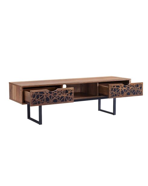 Meuble tv 2 tiroirs et une niche décor bois et motifs noirs l140 cm - anaëlle