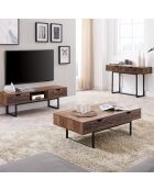Meuble tv 2 tiroirs et une niche décor bois et motifs noirs l140 cm - anaëlle