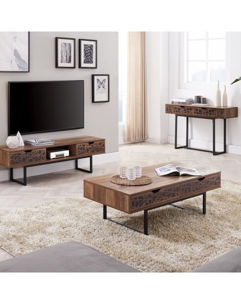 Meuble tv 2 tiroirs et une niche décor bois et motifs noirs l140 cm - anaëlle