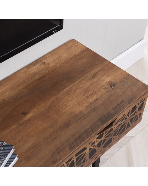 Meuble tv 2 tiroirs et une niche décor bois et motifs noirs l140 cm - anaëlle