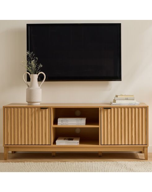 Meuble tv 2 niches et 2 portes aux façades effet vague l140 cm - bologne