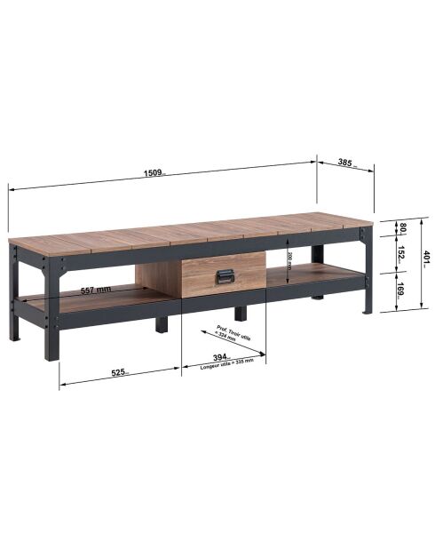 Meuble tv style industriel avec 2 niches et 1 tiroir - l150 cm