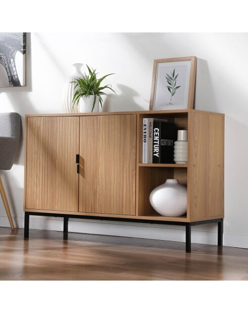Buffet 2 portes 2 niches ouvertes effet bois rainuré l110 cm - tara