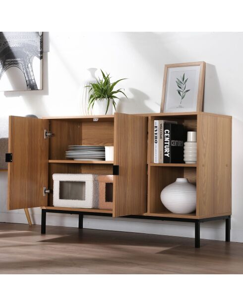 Buffet 2 portes 2 niches ouvertes effet bois rainuré l110 cm - tara