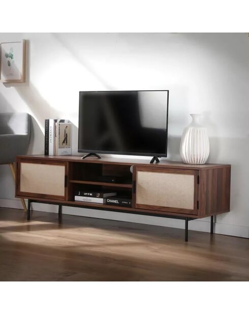 Meuble tv décor noyer avec façades en tissu  l140 cm - jetson