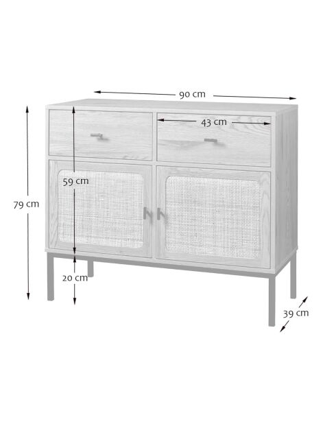 Buffet 2 portes 2 tiroirs avec cannage rotin l90cm - jaya