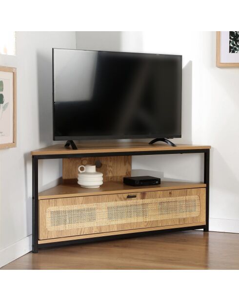 Meuble tv d'angle 1 porte avec cannage rotin l100 cm - jaya