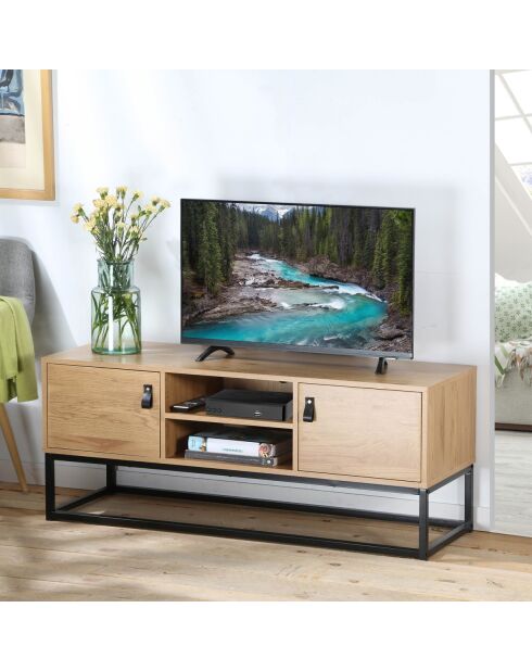 Meuble tv décor chêne 2 portes 2 niches l120 cm - jill