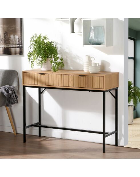 Console 2 tiroirs façade effet bois rainuré l100 x h80 cm - tara