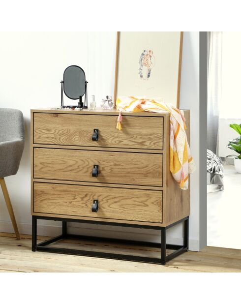 Commode décor chêne 3 tiroirs piétement métal - jill