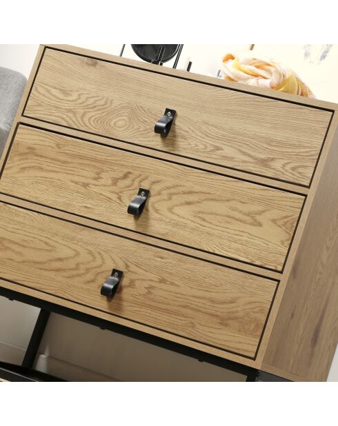 Commode décor chêne 3 tiroirs piétement métal - jill