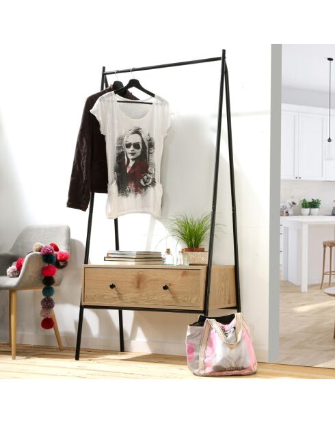 Penderie en métal noir avec 1 tiroir décor chêne h170cm - jill